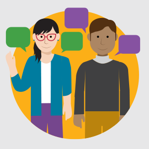 illustration of woman on left, man on right, purple and green speech bubbles around their heads