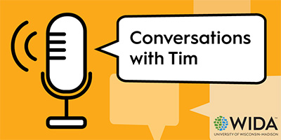Illustration of microphone with speech bubble and text reading “Conversations with Tim.”