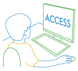 line drawing of student at computer with access screen