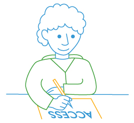 line drawing of student at desk with paper access test