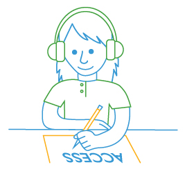 line drawing of student with headphones and paper access test