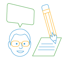 line drawing of head with speech bubble and pencil with paper