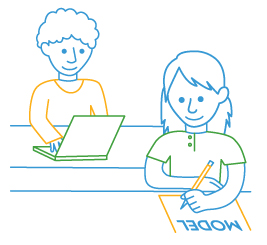 line drawing of two students taking online and paper test that says MODEL