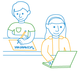 line drawing of two students taking online and paper test that says Screener