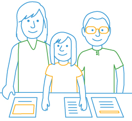 line drawing of family with resources