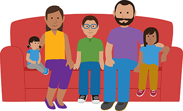 An illustration of a family sitting on a red couch. 