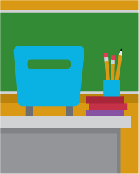 graphic of desk with chair, blackboard, books and pencils