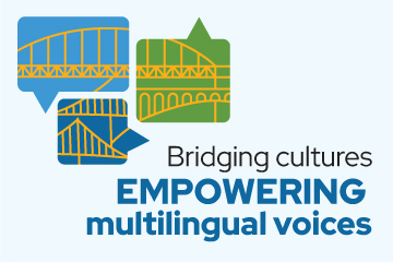 line drawings of steel bridges with words bridging cultures empowering multilingual voices