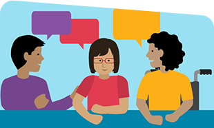 illustration of students at table with speech bubbles above them