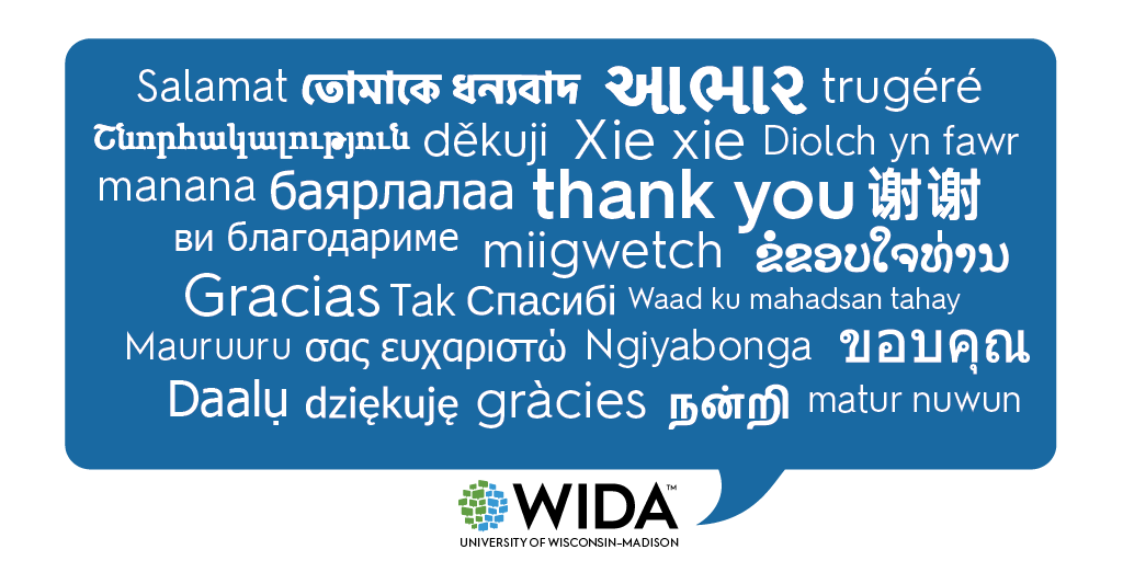 speech bubble with the words thank you in several languages an the bubble point comes out of the wida logo