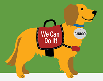 illustration of service dog with a harness that says we can do it