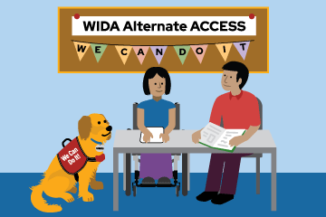 illustration of service dog and two students at table with WIDA alternate access banner above