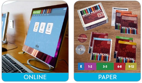 image of WIDA MODEL online computer screen and WIDA MODEL paper package