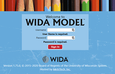 Screenshot of WIDA MODEL log-in webpage