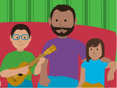 Illustrated graphic of father with daughter and son