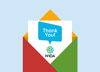 graphic of envelope with thank you card and WIDA logo