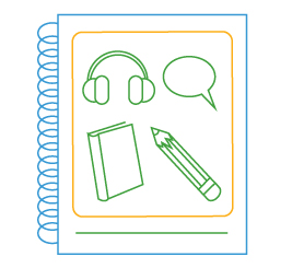 illustration of notebook with headphones, book, pencil and speech bubble