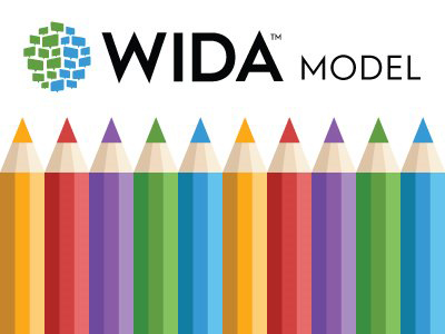 WIDA MODEL logo with a strip of colorful pencils below it