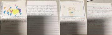 Handwritten journal entries and drawings made by students about the program.