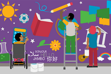 illustration of three students painting education-related images on a wall