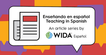 illustration of speech bubble with newsletter and the words ensenando en espanol teaching in spanish