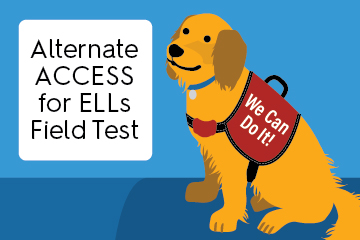 illustration of golden lab dog with can do harness and words alternate access for ells field test