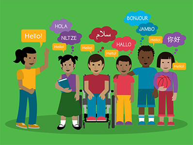 Illustration of group of children with speech bubbles saying hello in multiple languages