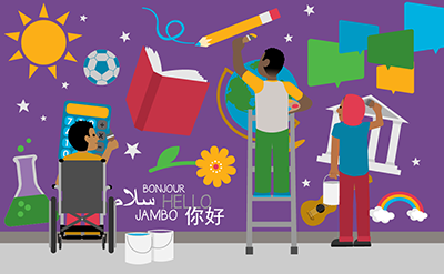 Three students painting a school mural with a beaker, sun, soccer ball, book, pencil, globe, speech bubbles, rainbow, and guitar. The word hello is written in the mural in multiple languages. 