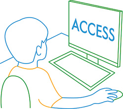 Line drawing of student sitting in front of a computer screen that says ACCESS