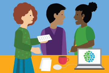 illustration of three people working around a table with an open laptop with the wida logo on it
