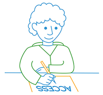 Illustration of student with pencil and paper that reads ACCESS