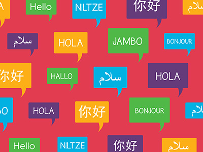 "Hello" is written out in multiple languages on multicolored speech bubbles