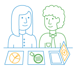 Illustration of two people sitting in front of various documents