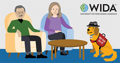 Illustration of two people sitting in comfortable chairs across from a service dog