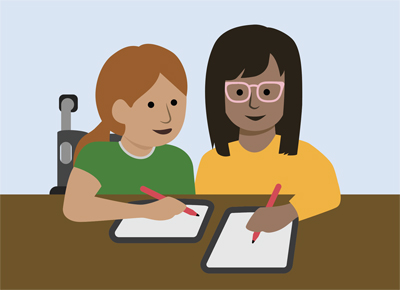 illustration of two students writing together at a table. one is in a wheelchair and the other is wearing glasses