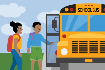 Students with backpacks boarding a school bus.