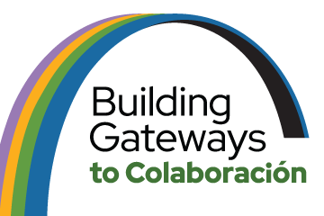 Illustration of a multicolored arch. Text reads “Building gateways to colaboración.”