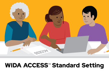 Illustration of three teachers sitting side by side at a table with two of them looking at a laptop screen and one of them looking at a piece of paper that says ACCESS