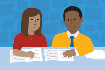 Illustration of two teachers who sit side by side at a table and look over testing manuals together 