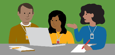 an illustration of three educators sitting next to each other and looking at a computer. One educator is holding a red pen and writing in a white piece of paper. 