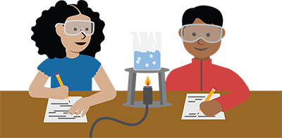Illustration of two students who wear safety goggles while observing a science experiment. In front of them is a beaker of boiling water on a stand. 