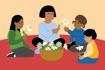 Educator sitting in a circle with three students and passing flowers from a woven basket. 