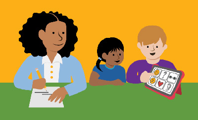 An adult is writing on a piece of paper next to two young students looking at images on a tablet