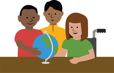 Illustration of three smiling students who gather around a desk that holds a globe of the world. The student on the right sits in a wheelchair.