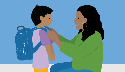 Illustration of a mother adjusting her son’s backpack strap while he stands in front of her.