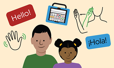 Older boy in green shirt and younger girl in purple shirt surrounded by gestures signifying “hello” and an AAC device