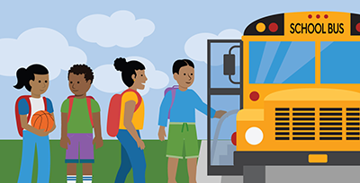 Four students with backpacks board a yellow school bus.