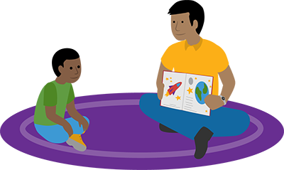 An adult and a young student are sitting on a purple rug. The adult is holding an open book that shows the Earth, moon and stars on one page and a rocket ship on the other page. The student is looking at the book.
