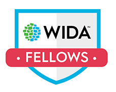 Blue, white and red badge with WIDA logo and the word "Fellows"