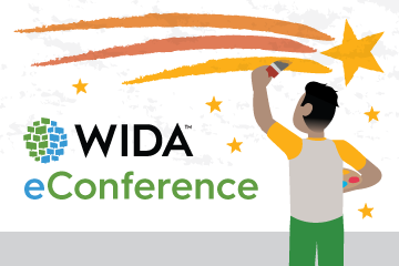 illustration of boy painting shooting star, WIDA logo and word eConference